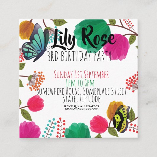 Cute Waterverf Floral Butterfly Birthday Invite Informatiekaartje (Voorkant)