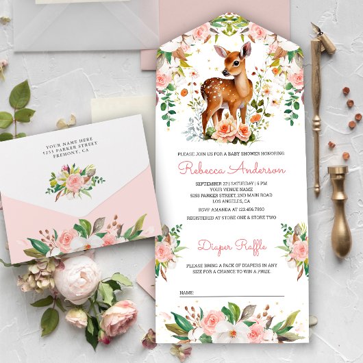 Cute Waterverf Floral Deer Baby shower All In One Uitnodiging