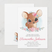 Cute Waterverf Floral Deer Baby shower Kaart (Voorkant / Achterkant)
