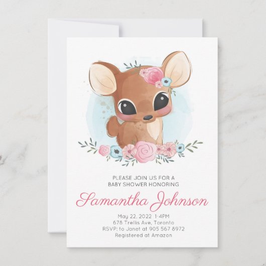 Cute Waterverf Floral Deer Baby shower Kaart (Voorkant)
