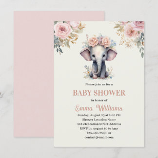 Cute Waterverf Floral Elephant Girl Baby shower Kaart