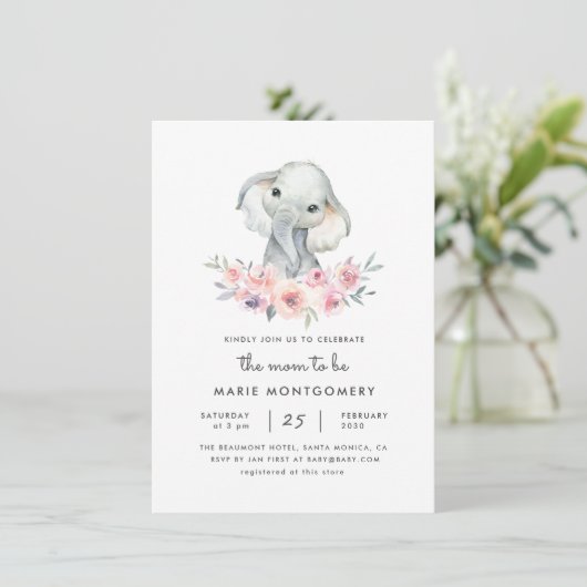 Cute Waterverf Floral Elephant Girl Baby shower Kaart (Staand voorkant)
