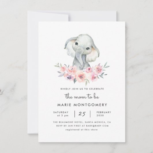 Cute Waterverf Floral Elephant Girl Baby shower Kaart (Voorkant)