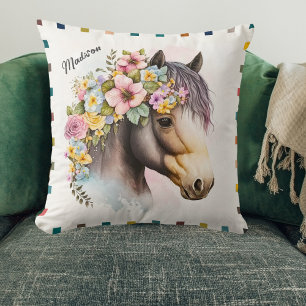 Cute Waterverf Floral Horse Personal Name Kussen