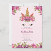 Cute Waterverf Floral Unicorn Pink Uitnodiging (Voorkant)