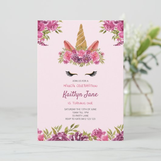 Cute Waterverf Floral Unicorn Pink Uitnodiging (Staand voorkant)