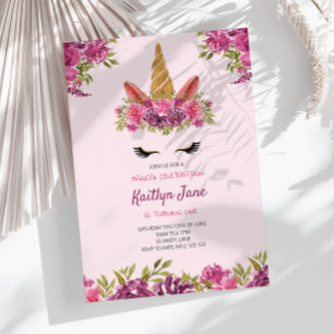 Cute Waterverf Floral Unicorn Pink Uitnodiging