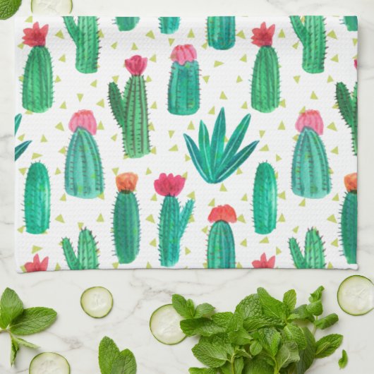 Cute Waterverf Flowering Cactus Pattern Theedoek (Gevouwen)