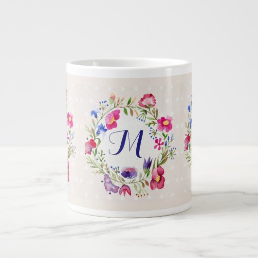 Cute Waterverf Flowers Floral Fine Monogram Grote Koffiekop (Voorkant)