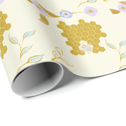 Cute Waterverf Flowery Golden Honey Beehive Cadeaupapier (Rol Hoek)