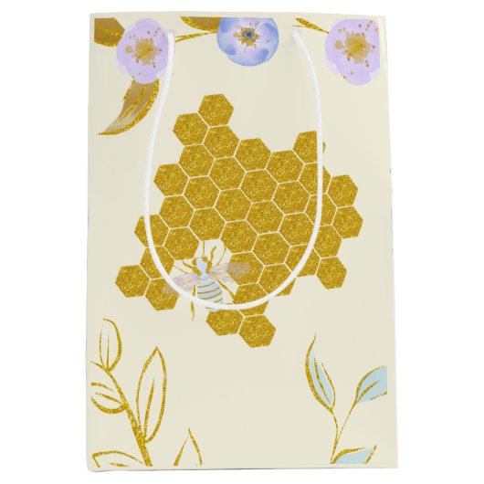 Cute Waterverf Flowery Golden Honey Beehive Medium Cadeauzakje (Voorkant)