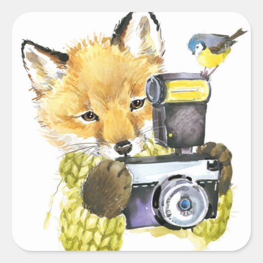 Cute Waterverf Fox die Afbeeldingen gebruikt Vierkante Sticker (Voorkant)