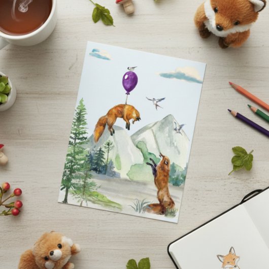 Cute Waterverf Fox Fly Away Forest Scene Briefkaart