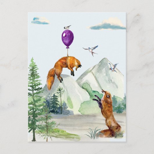 Cute Waterverf Fox Fly Away Forest Scene Briefkaart (Voorkant)