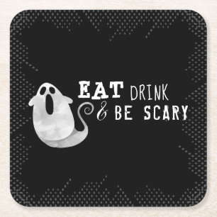 Cute Waterverf Ghost Eat Drink Scary Halloween Kartonnen Onderzetters
