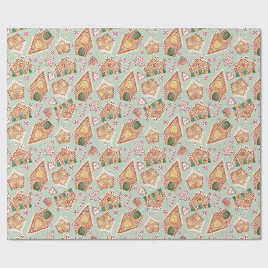 Cute Waterverf GingerBrood Huis Groene Kerstmis Cadeaupapier (Vlak)