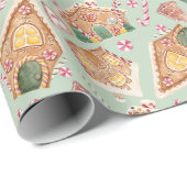 Cute Waterverf GingerBrood Huis Groene Kerstmis Cadeaupapier (Rol Hoek)
