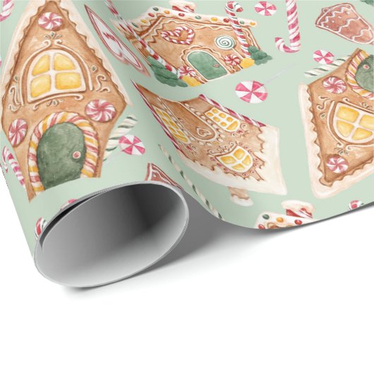 Cute Waterverf GingerBrood Huis Groene Kerstmis Cadeaupapier (Rol Hoek)