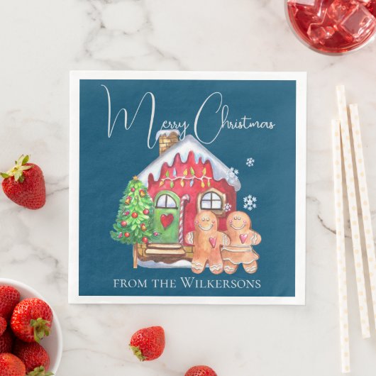 Cute Waterverf Gingerbrood Mensen op blauw Servet (Insitu)