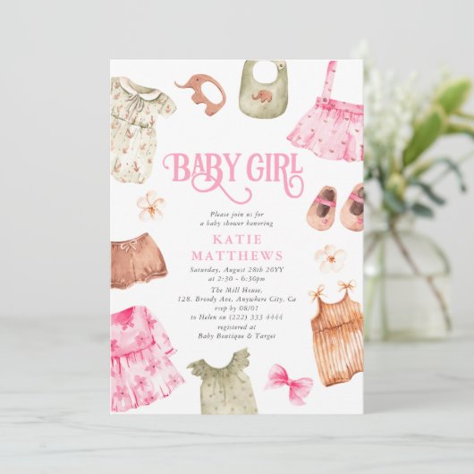 Cute Waterverf Girl Clothes GIRL Baby shower Kaart (Staand voorkant)