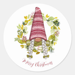 Cute Waterverf Gnome Red Pet Nordic met Wreator Ronde Sticker