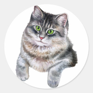 Cute Waterverf Gray Tabby Cat Ronde Sticker
