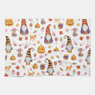 Cute Waterverf Halloween Gnomes, Pumpkins and Cat Theedoek
