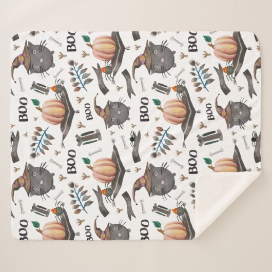 Cute Waterverf Halloween Pumpkin, Cat, Boo Sherpa Deken (Voorkant (horizontaal))