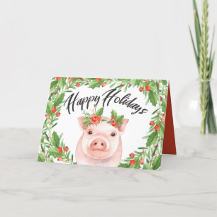 Cute Waterverf Happy Pig en Berries Feestdagen Kaart