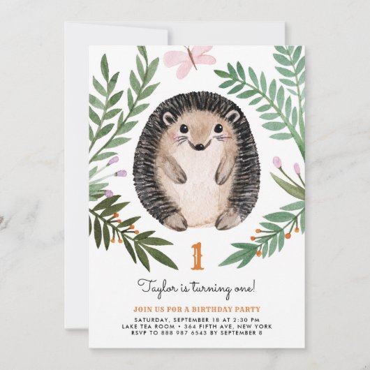 Cute Waterverf Hedégel Greenery First Birthday Kaart (Voorkant)