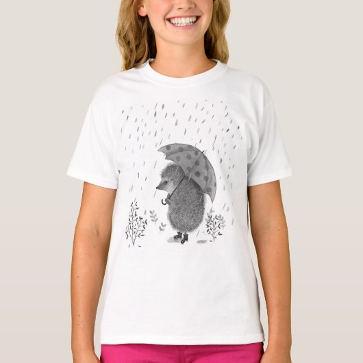 Cute Waterverf Hedégel Rainy Day Whimsical Girl T-shirt (Voorkant)