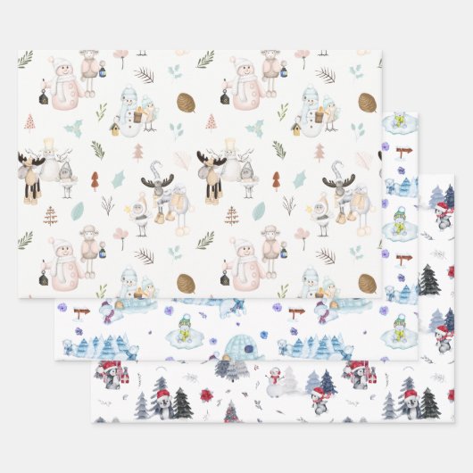 Cute Waterverf Holiday Snowman Kerstmis Patroon Inpakpapier Vel (Set)