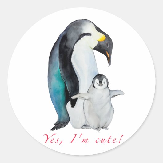 Cute waterverf keperor pinguins ronde sticker (Voorkant)
