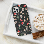 Cute Waterverf kerstillustratie patroon Case-Mate iPhone Case<br><div class="desc">Schuif het kerstschilderij van de waterverf af,  voeg jouw naam toe,  met schattige kerstspullen,  petten,  handschoen,  cacao-mok,  boom,  sok en mistletoe op groen</div>