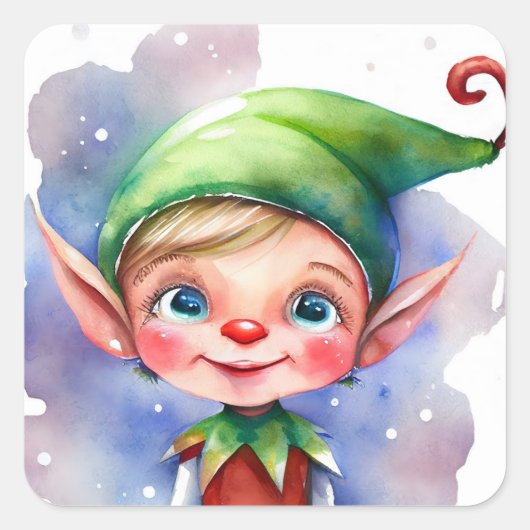 Cute Waterverf Kerstmis Elf met Long Ears Vierkante Sticker (Voorkant)