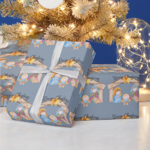 Cute Waterverf Kerstmis Natitivity Scene op Blue Cadeaupapier