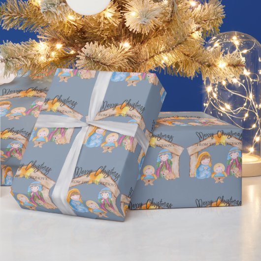 Cute Waterverf Kerstmis Natitivity Scene op Blue Cadeaupapier (Feestdagen)