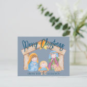 Cute Waterverf Kerstmis Natitivity Scene op Blue Feestdagenkaart (Staand voorkant)