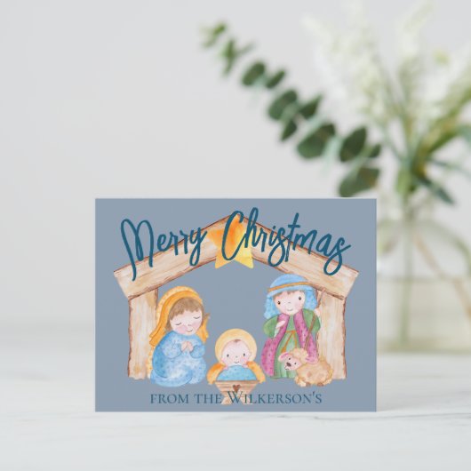 Cute Waterverf Kerstmis Natitivity Scene op Blue Feestdagenkaart (Staand voorkant)
