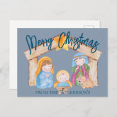 Cute Waterverf Kerstmis Natitivity Scene op Blue Feestdagenkaart (Voorkant / Achterkant)