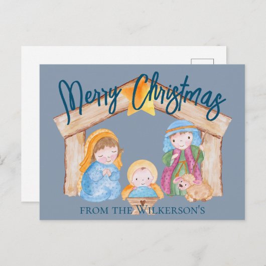 Cute Waterverf Kerstmis Natitivity Scene op Blue Feestdagenkaart (Voorkant / Achterkant)