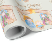 Cute Waterverf Kerstmis Natitivity Scene op Sage Cadeaupapier (Rol Hoek)