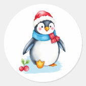 Cute Waterverf Kerstmis Penguin Ronde Sticker (Voorkant)
