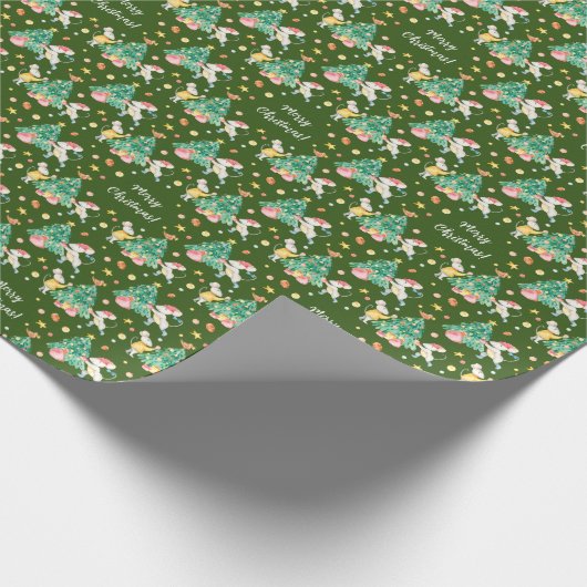 Cute Waterverf kerstritten Pattern Green Cadeaupapier (Hoek)