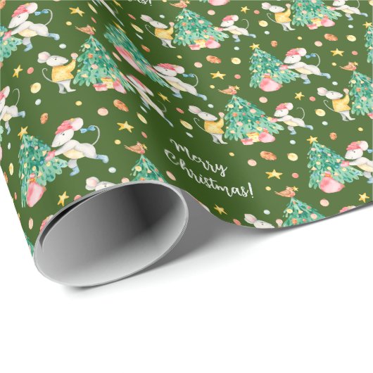 Cute Waterverf kerstritten Pattern Green Cadeaupapier (Rol Hoek)