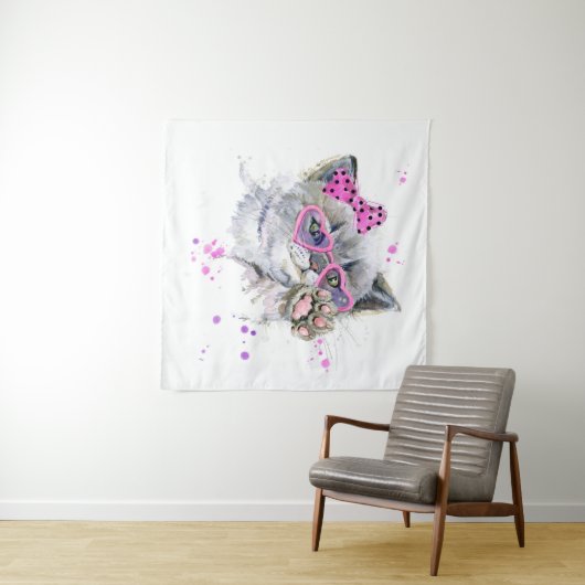 Cute Waterverf Kitten Wandkleed (In Situ (horizontaal))