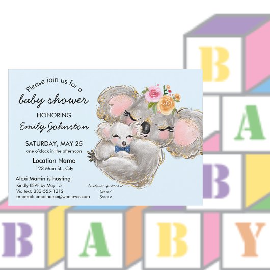 Cute Waterverf Koala Blue Baby shower Uitnodiging