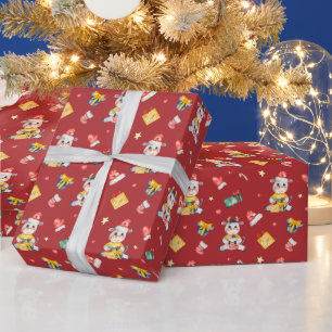 Cute Waterverf Koe Pattern op Red Kerstmis Cadeaupapier