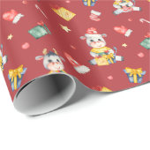 Cute Waterverf Koe Pattern op Red Kerstmis Cadeaupapier (Rol Hoek)