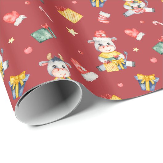 Cute Waterverf Koe Pattern op Red Kerstmis Cadeaupapier (Rol Hoek)